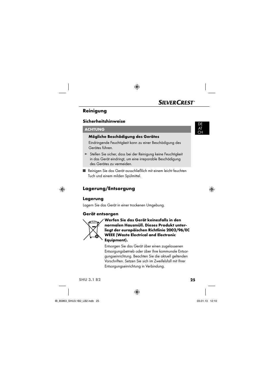 Reinigung, Lagerung/entsorgung, Sicherheitshinweise | Lagerung, Gerät entsorgen | Silvercrest SHU 3.1 B2 User Manual | Page 28 / 46