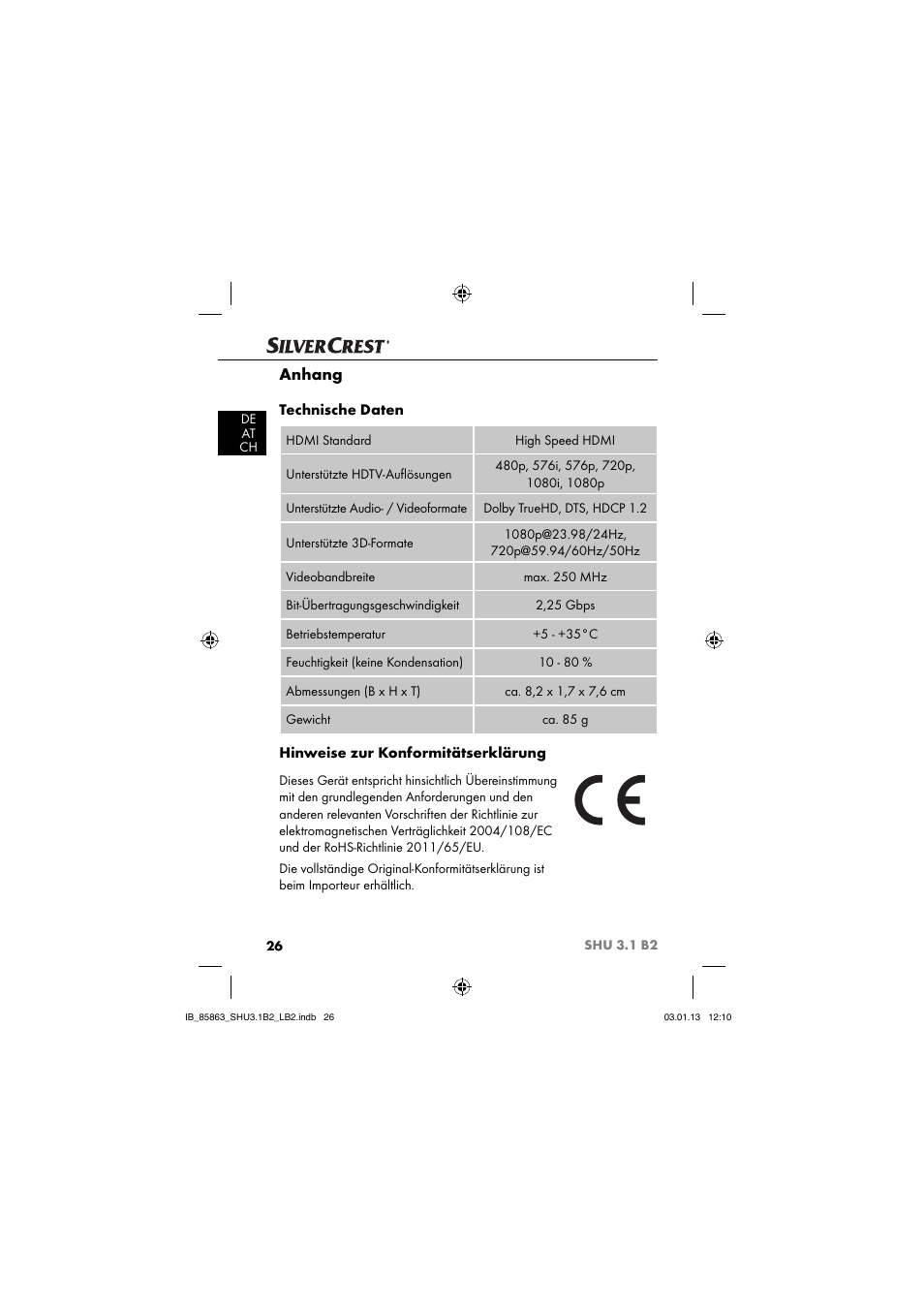 Anhang, Technische daten, Hinweise zur konformitätserklärung | Silvercrest SHU 3.1 B2 User Manual | Page 29 / 46