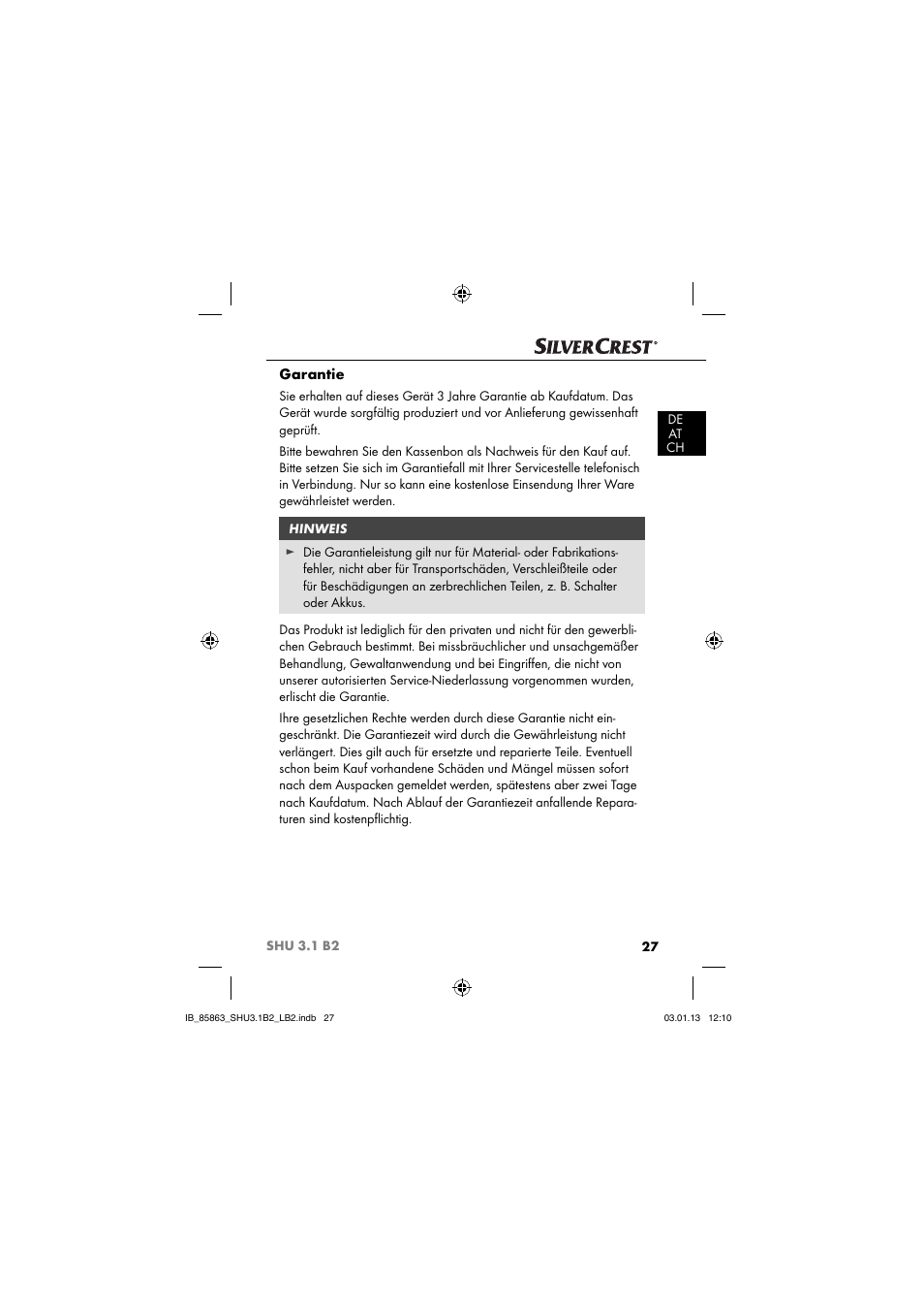 Garantie | Silvercrest SHU 3.1 B2 User Manual | Page 30 / 46