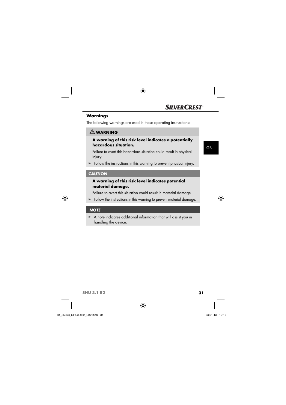 Warnings | Silvercrest SHU 3.1 B2 User Manual | Page 34 / 46