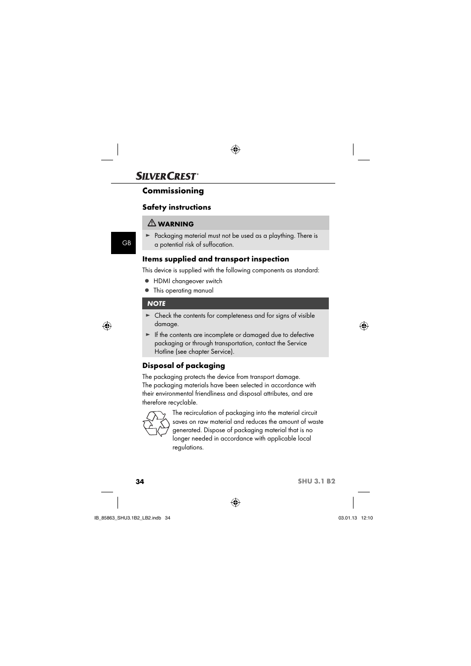 Commissioning, Safety instructions, Items supplied and transport inspection | Disposal of packaging | Silvercrest SHU 3.1 B2 User Manual | Page 37 / 46