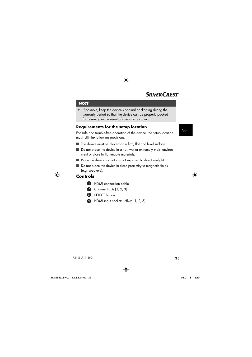 Controls, Requirements for the setup location | Silvercrest SHU 3.1 B2 User Manual | Page 38 / 46