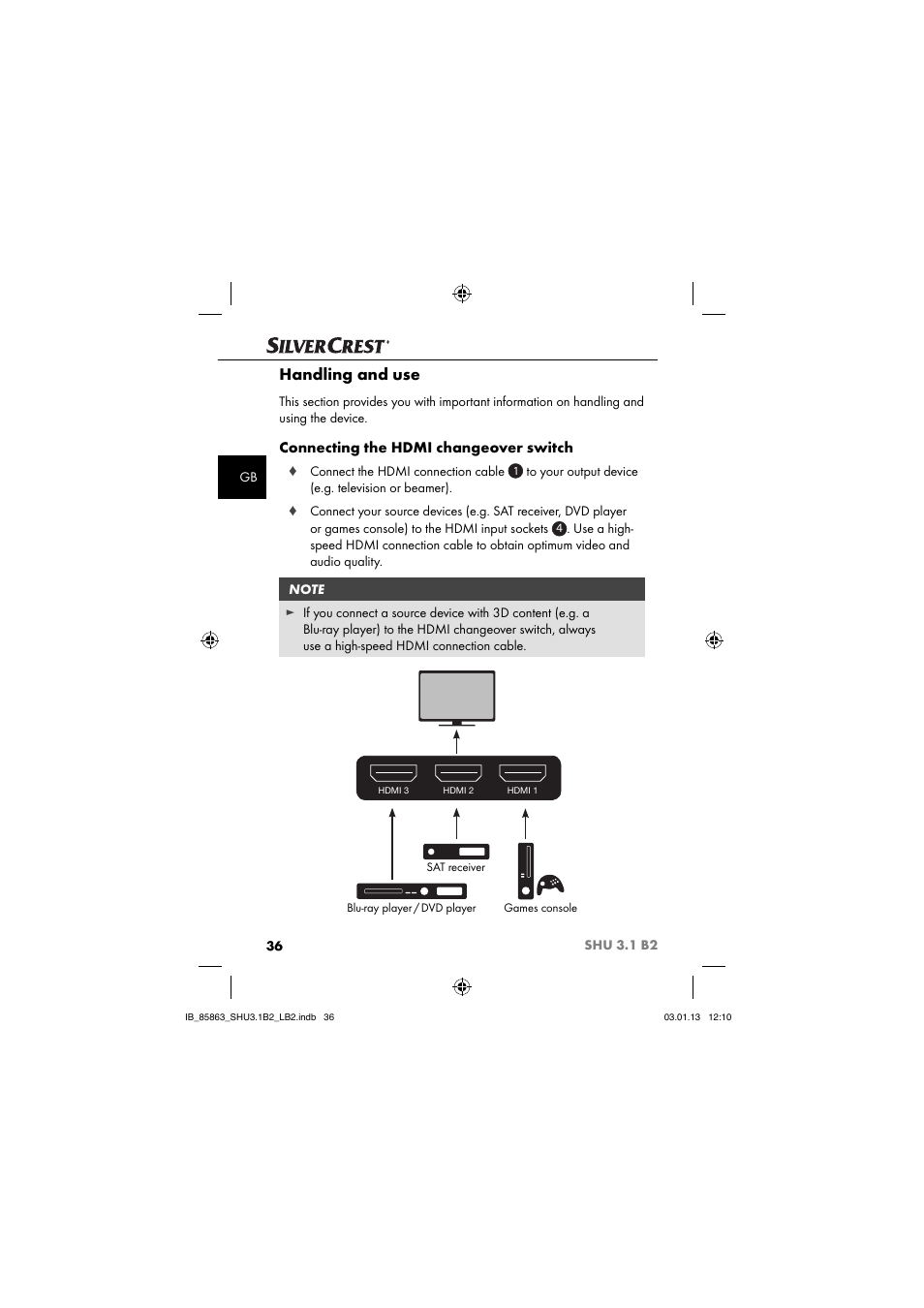 Handling and use, Connecting the hdmi changeover switch | Silvercrest SHU 3.1 B2 User Manual | Page 39 / 46