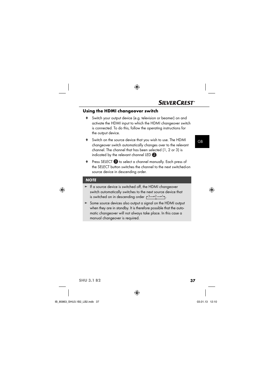 Using the hdmi changeover switch | Silvercrest SHU 3.1 B2 User Manual | Page 40 / 46