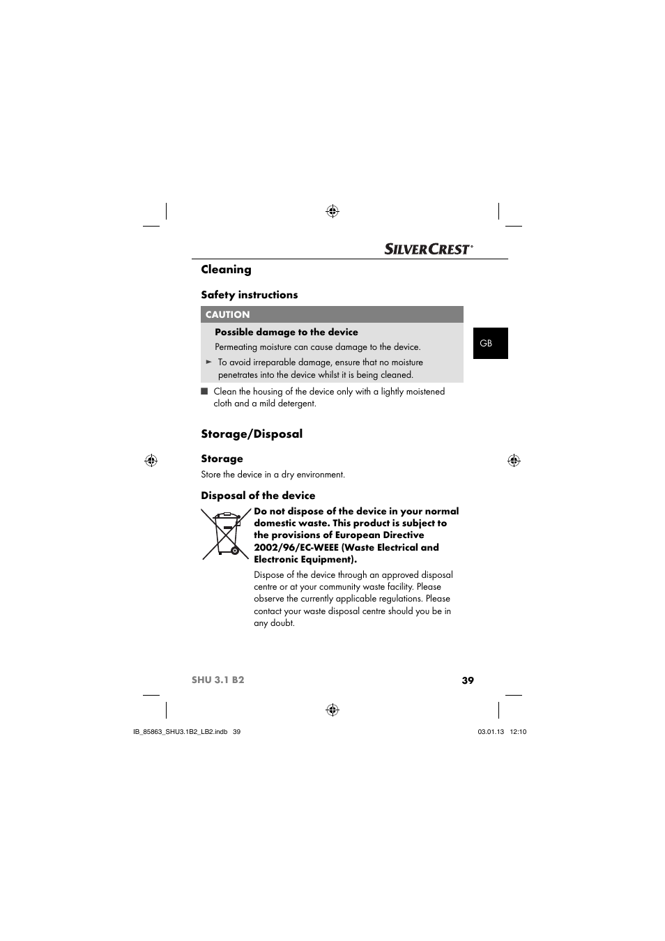 Cleaning, Storage/disposal, Safety instructions | Storage, Disposal of the device | Silvercrest SHU 3.1 B2 User Manual | Page 42 / 46