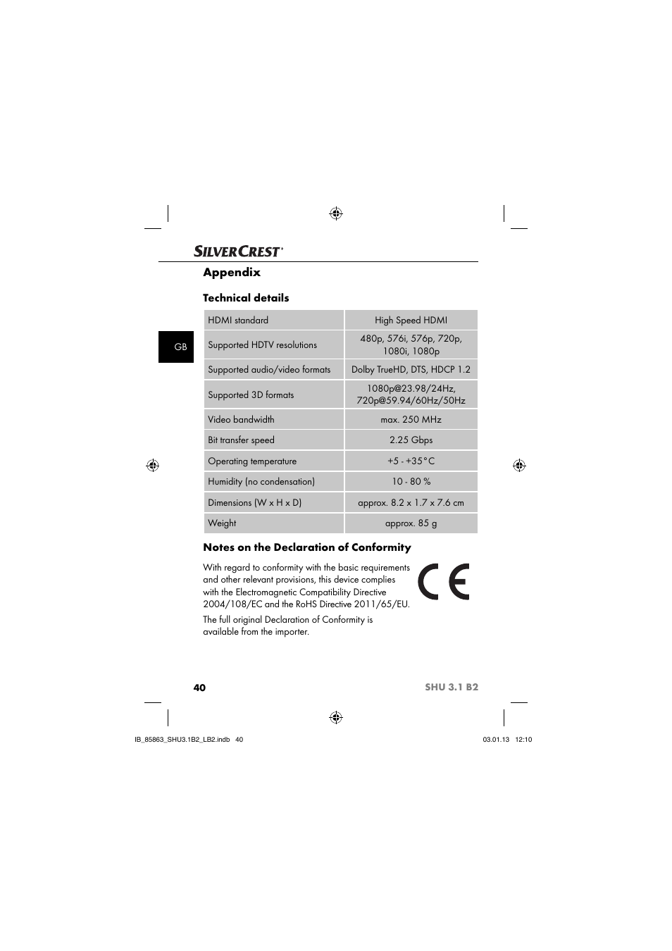 Appendix, Technical details | Silvercrest SHU 3.1 B2 User Manual | Page 43 / 46