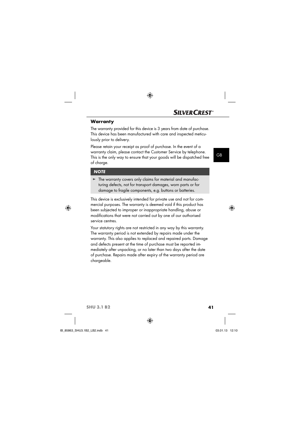 Warranty | Silvercrest SHU 3.1 B2 User Manual | Page 44 / 46