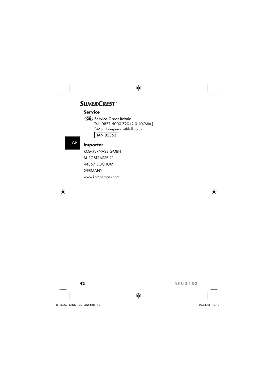 Service, Importer | Silvercrest SHU 3.1 B2 User Manual | Page 45 / 46