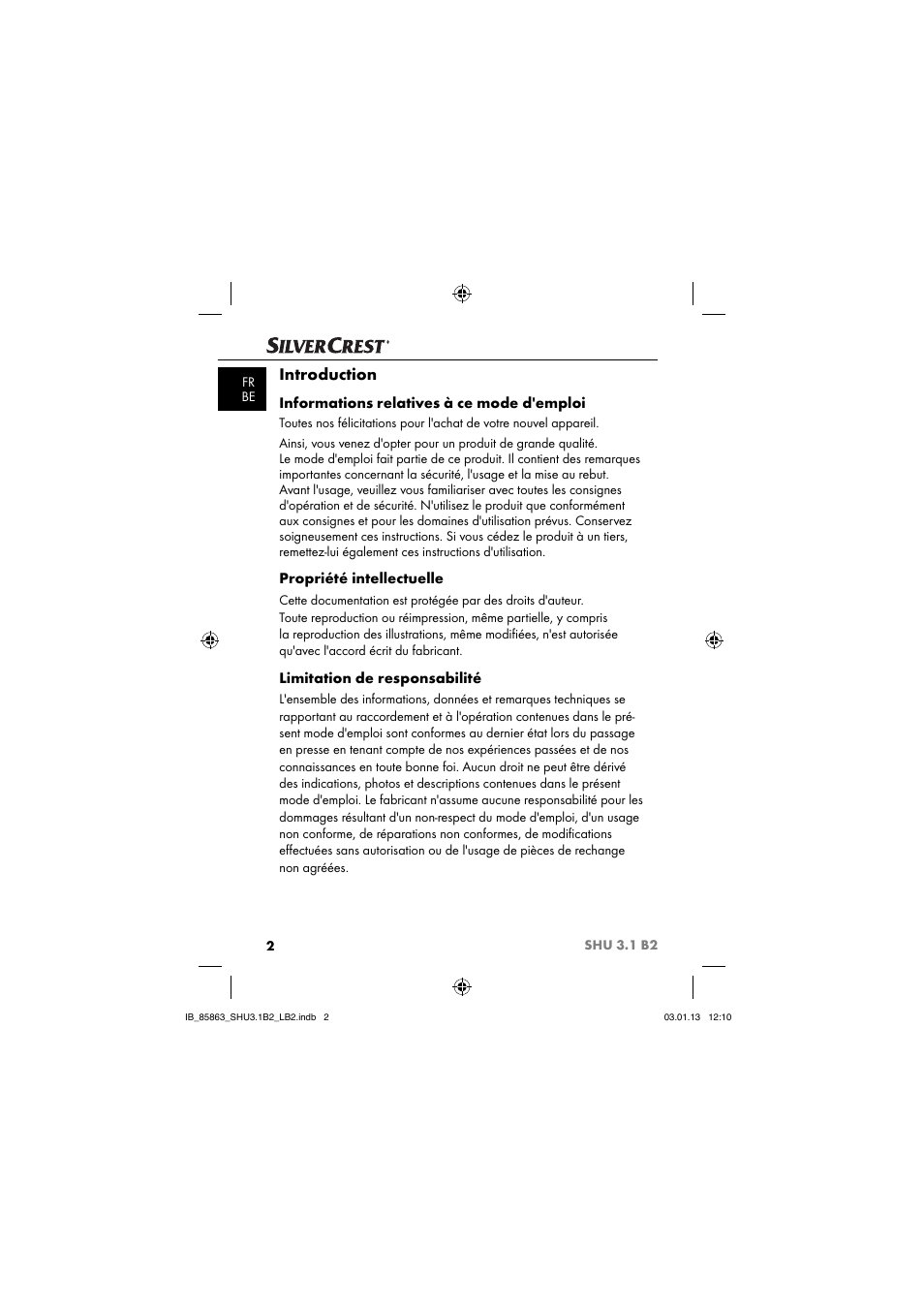 Introduction, Informations relatives à ce mode d'emploi, Propriété intellectuelle | Limitation de responsabilité | Silvercrest SHU 3.1 B2 User Manual | Page 5 / 46