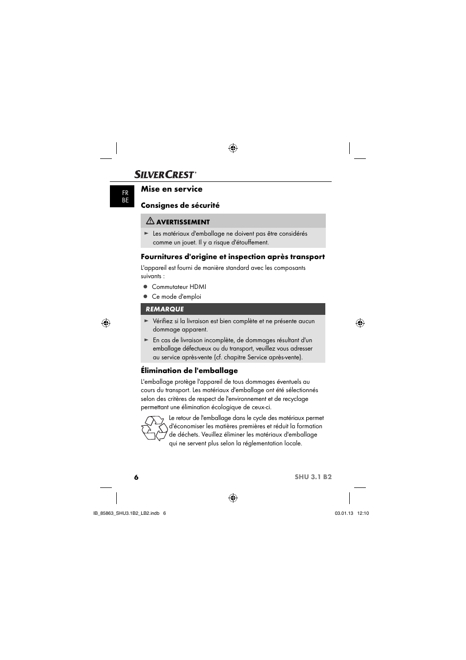 Mise en service, Consignes de sécurité, Élimination de l'emballage | Silvercrest SHU 3.1 B2 User Manual | Page 9 / 46