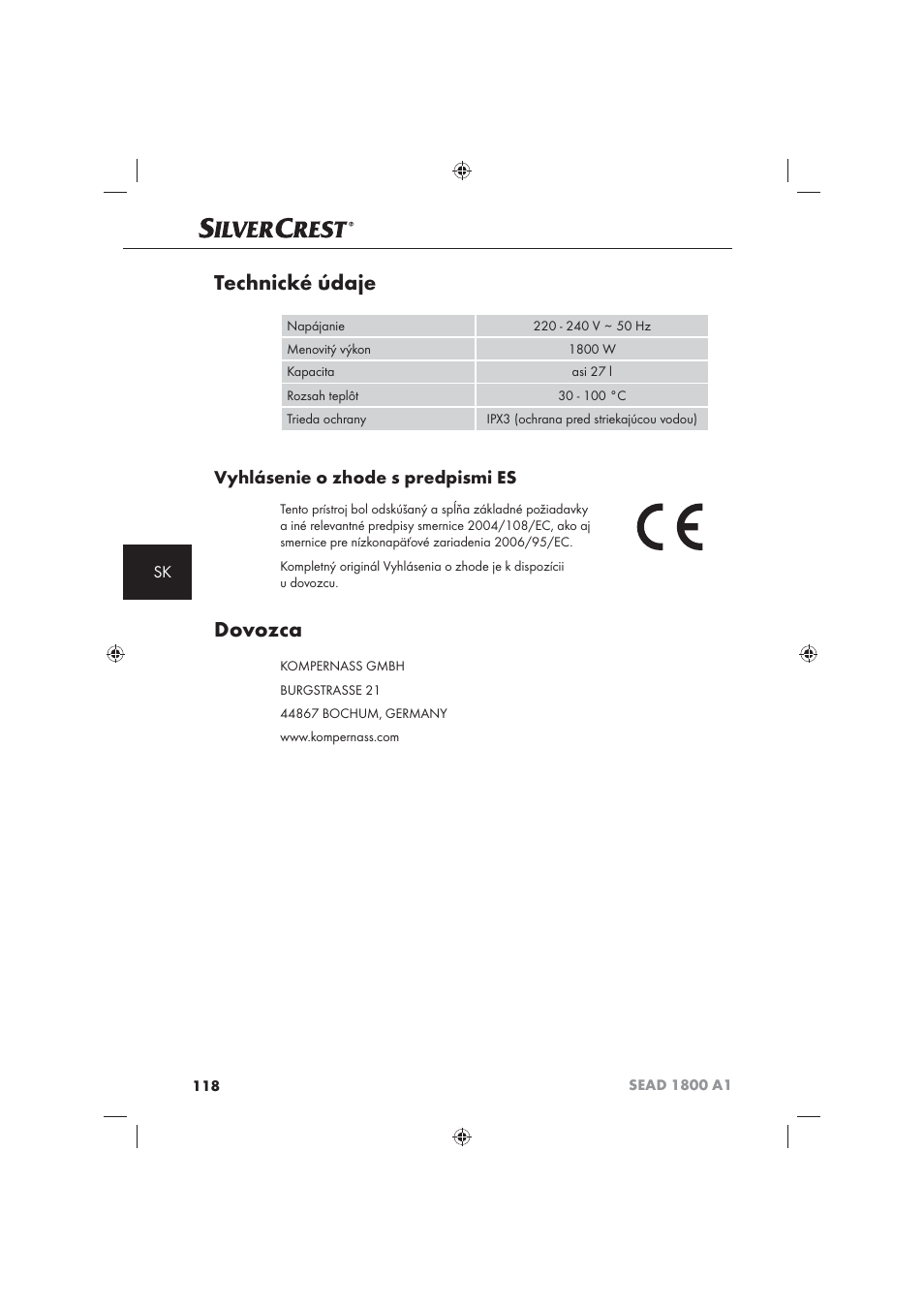 Technické údaje, Dovozca, Vyhlásenie o zhode s predpismi es | Silvercrest SEAD 1800 A1 User Manual | Page 120 / 141