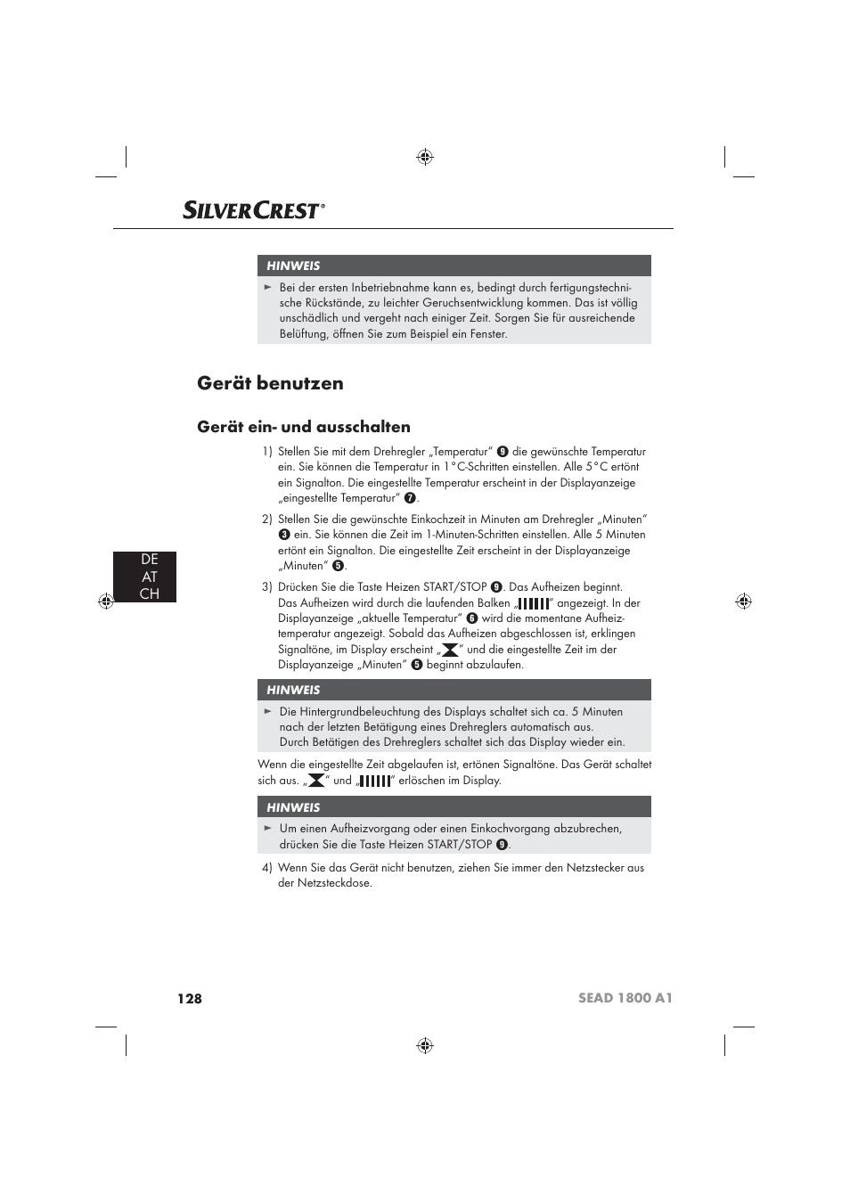 Gerät benutzen, Gerät ein- und ausschalten, De at ch | Silvercrest SEAD 1800 A1 User Manual | Page 130 / 141