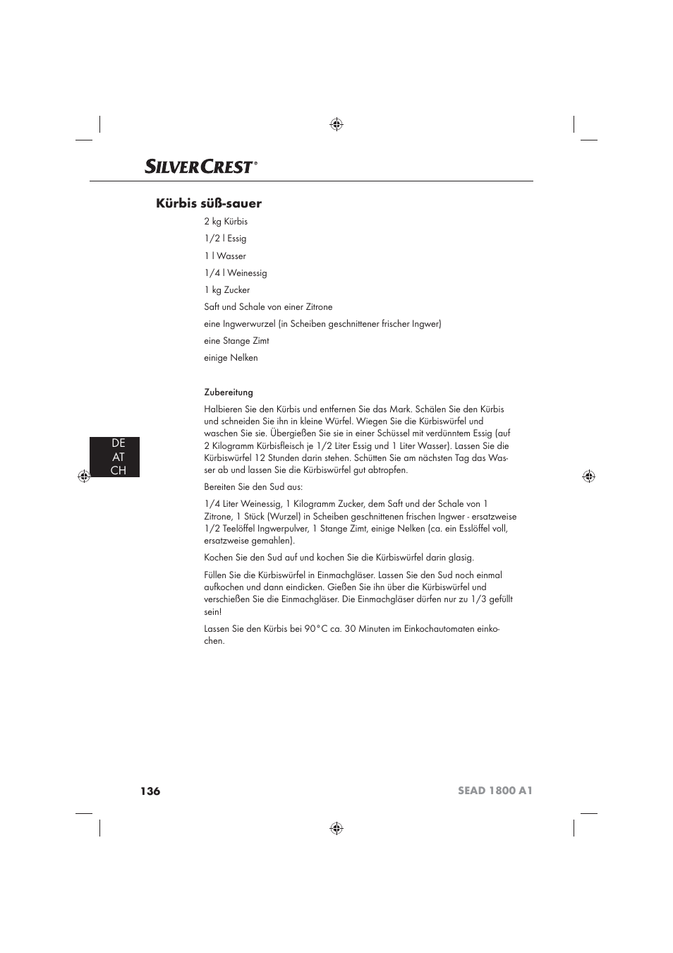 Kürbis süß-sauer, De at ch | Silvercrest SEAD 1800 A1 User Manual | Page 138 / 141