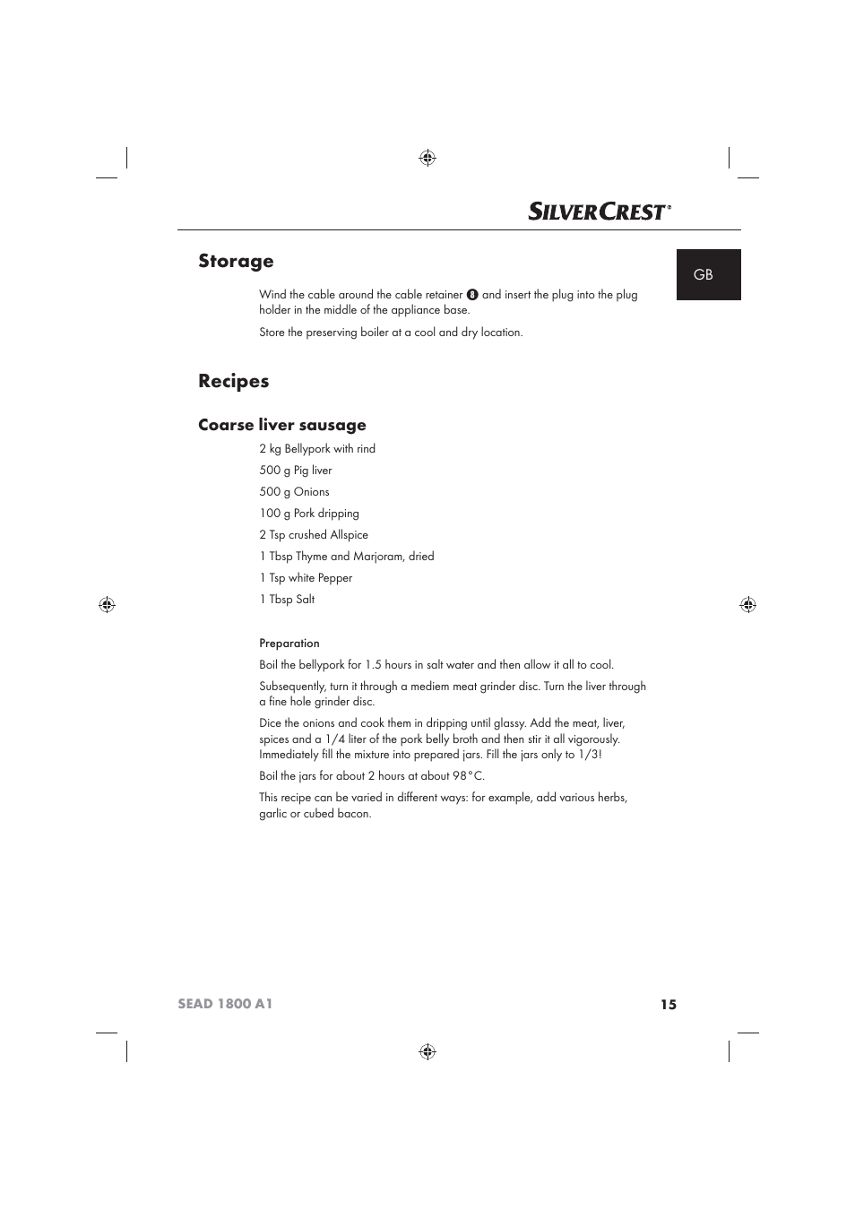 Storage, Recipes, Coarse liver sausage | Silvercrest SEAD 1800 A1 User Manual | Page 17 / 141