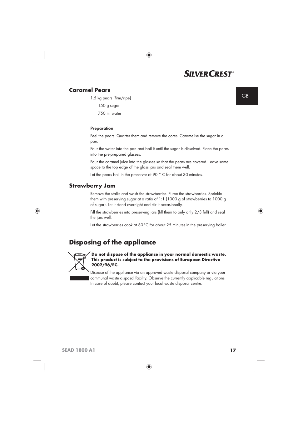 Disposing of the appliance, Caramel pears, Strawberry jam | Silvercrest SEAD 1800 A1 User Manual | Page 19 / 141