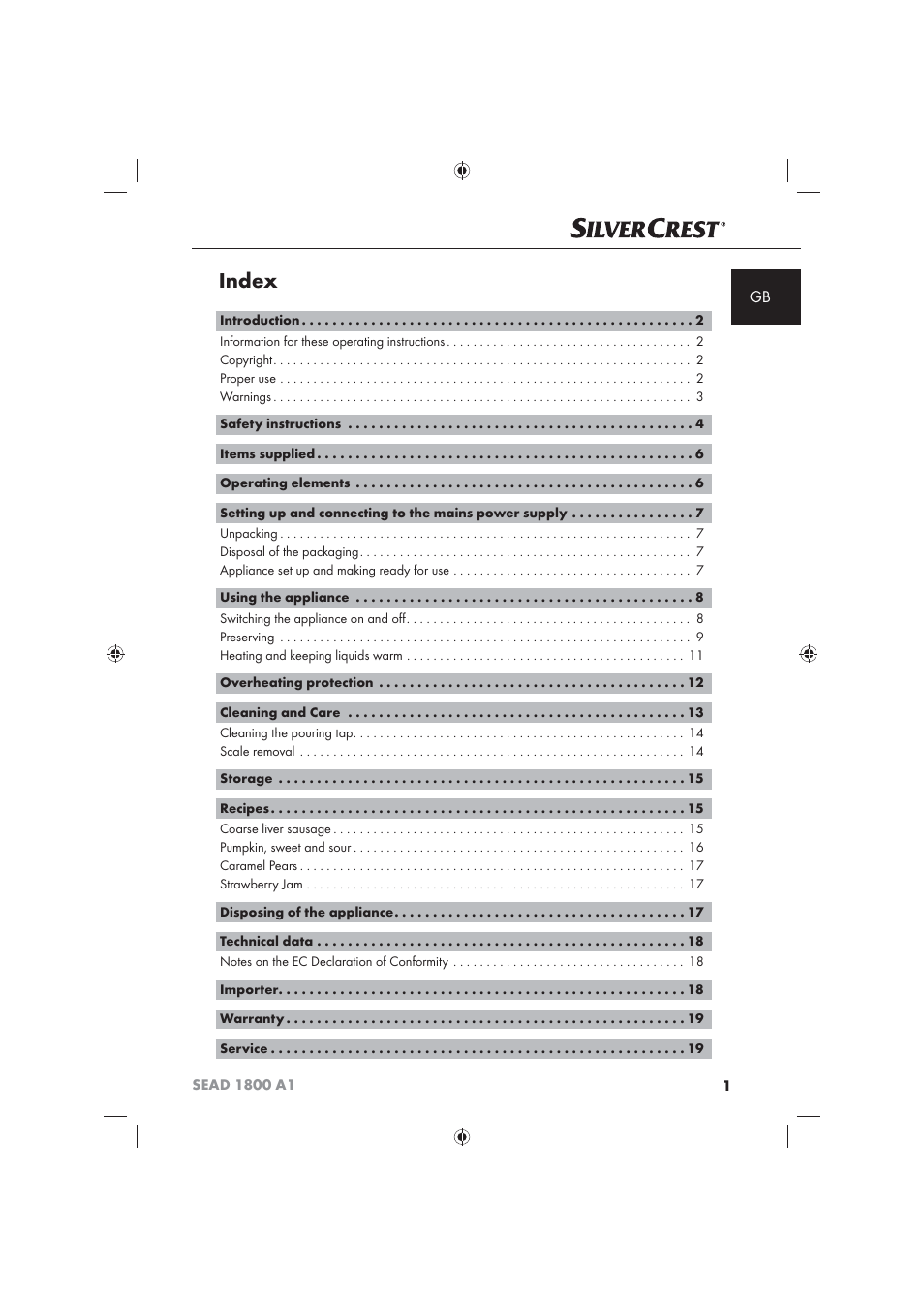 Index | Silvercrest SEAD 1800 A1 User Manual | Page 3 / 141