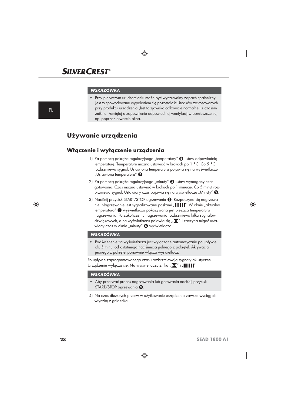 Używanie urządzenia, Włączenie i wyłączenie urządzenia | Silvercrest SEAD 1800 A1 User Manual | Page 30 / 141