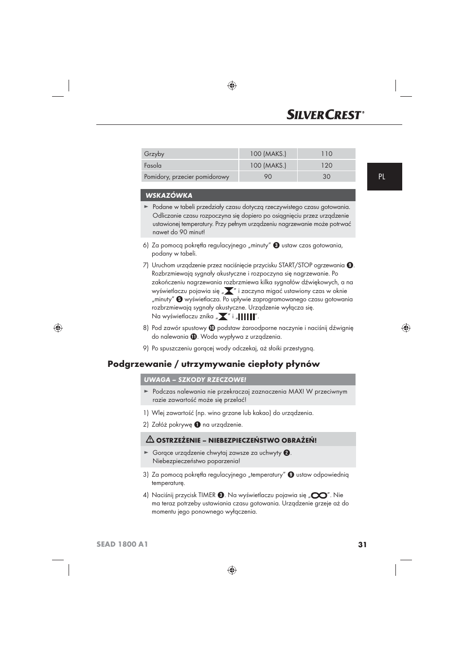 Podgrzewanie / utrzymywanie ciepłoty płynów | Silvercrest SEAD 1800 A1 User Manual | Page 33 / 141