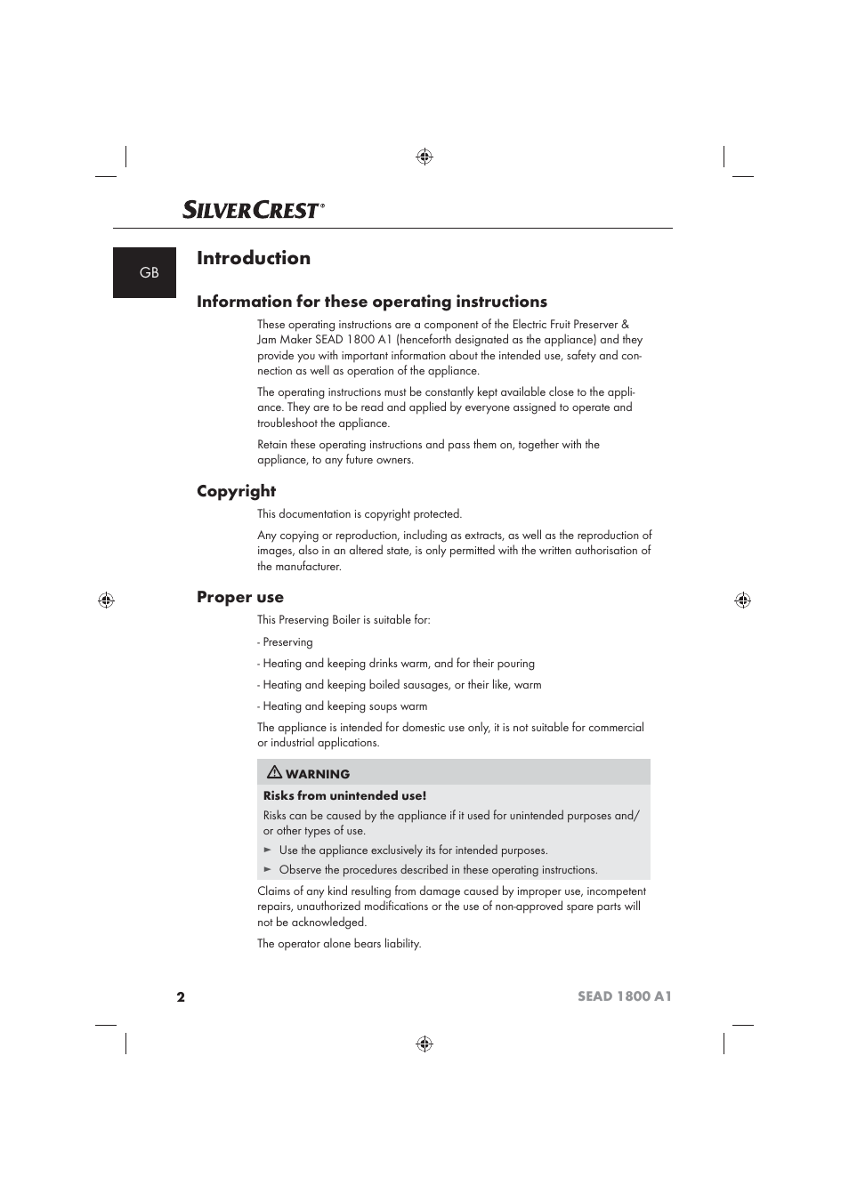 Introduction, Information for these operating instructions, Copyright | Proper use | Silvercrest SEAD 1800 A1 User Manual | Page 4 / 141
