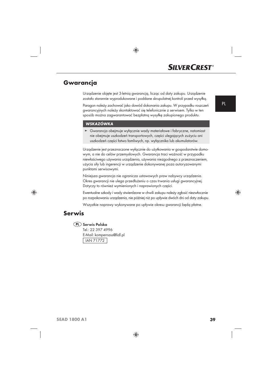 Gwarancja, Serwis | Silvercrest SEAD 1800 A1 User Manual | Page 41 / 141