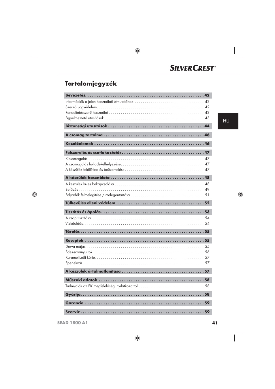 Tartalomjegyzék | Silvercrest SEAD 1800 A1 User Manual | Page 43 / 141