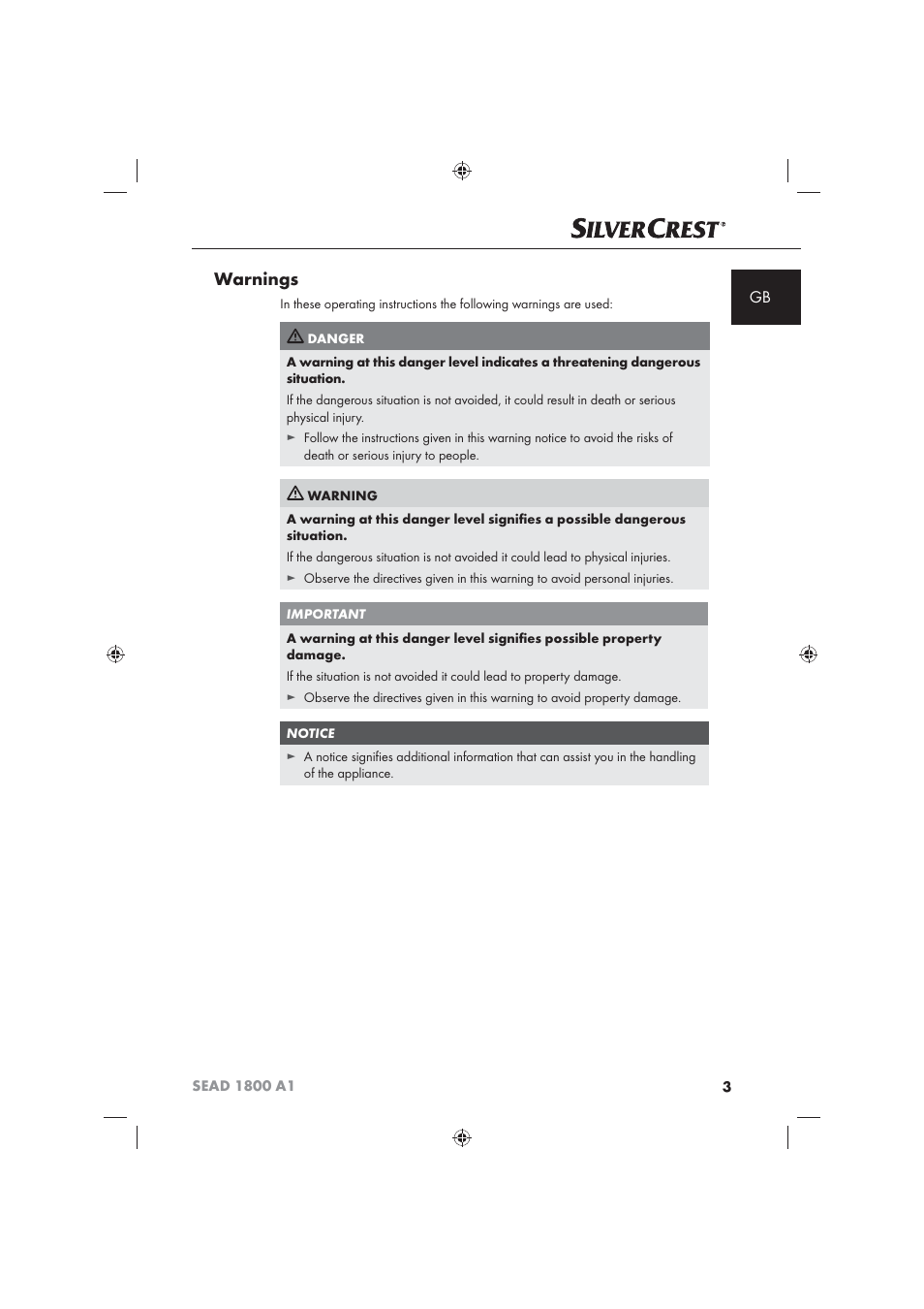 Warnings | Silvercrest SEAD 1800 A1 User Manual | Page 5 / 141