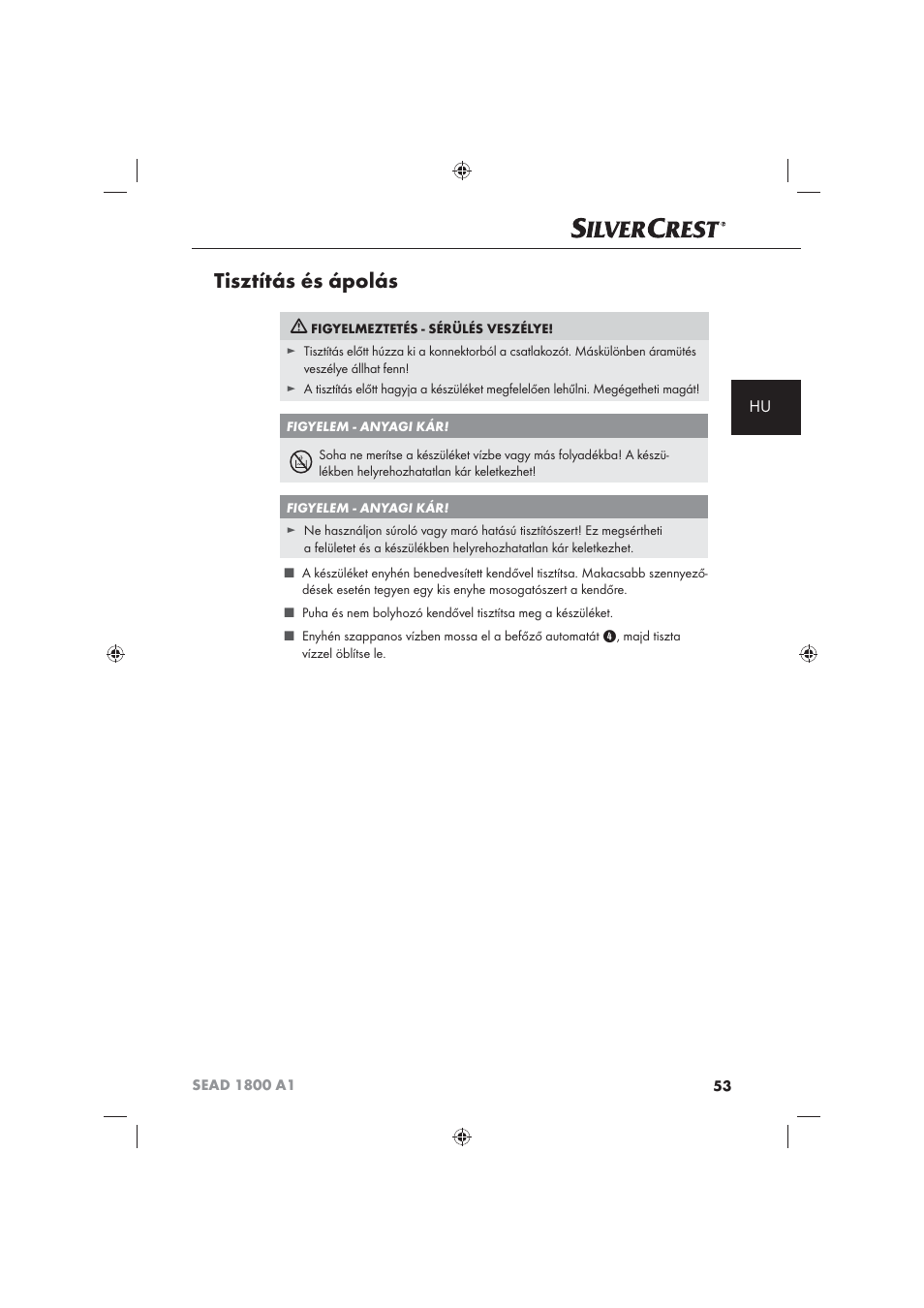 Tisztítás és ápolás | Silvercrest SEAD 1800 A1 User Manual | Page 55 / 141