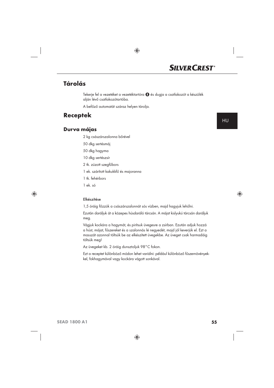 Tárolás, Receptek, Durva májas | Silvercrest SEAD 1800 A1 User Manual | Page 57 / 141