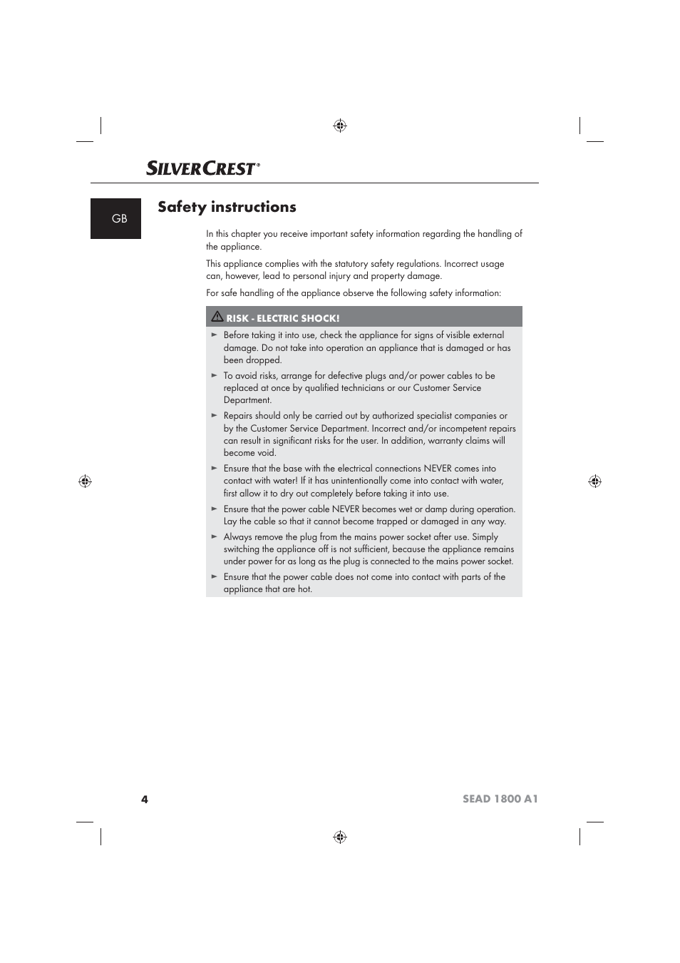 Safety instructions | Silvercrest SEAD 1800 A1 User Manual | Page 6 / 141