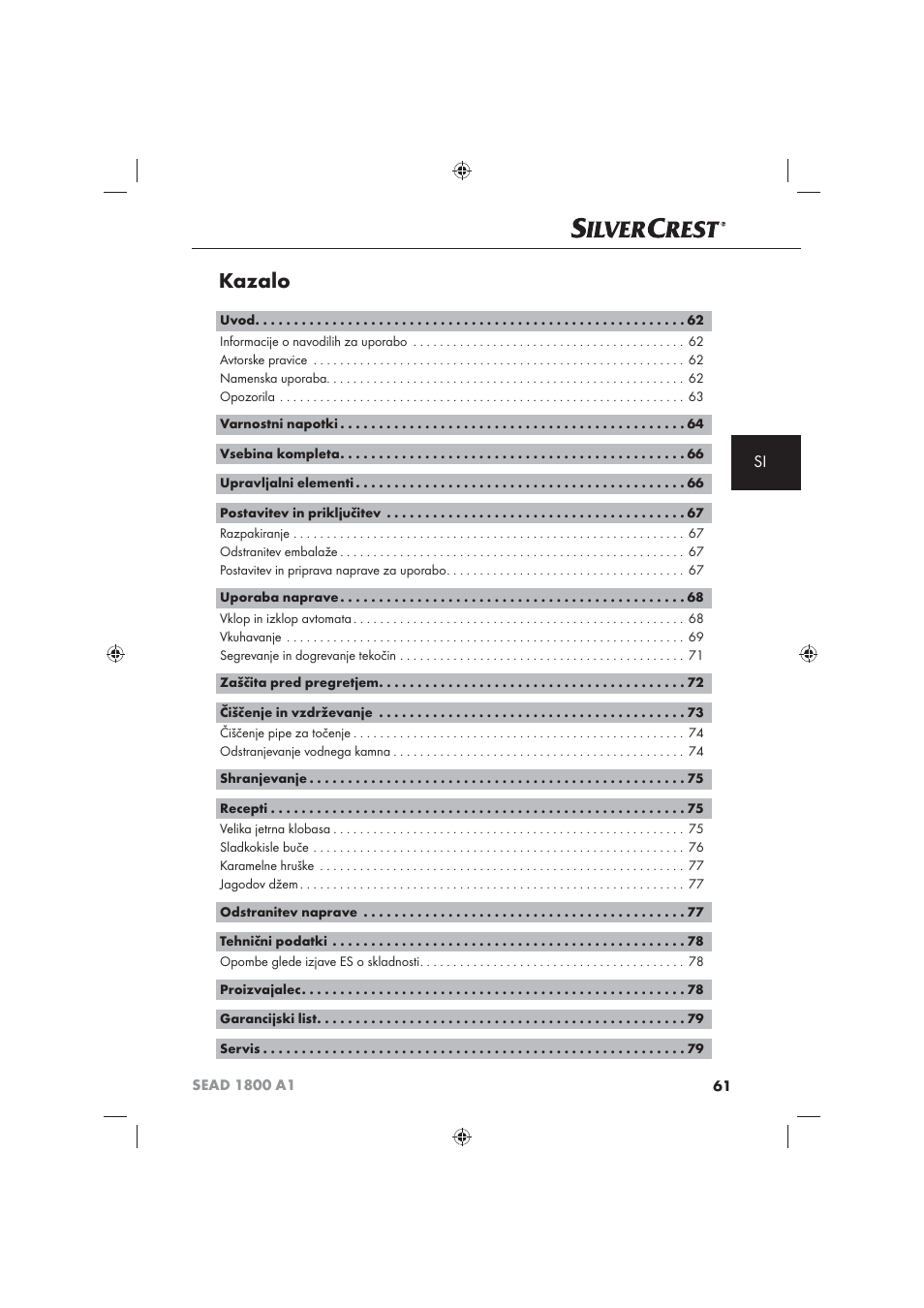 Kazalo | Silvercrest SEAD 1800 A1 User Manual | Page 63 / 141