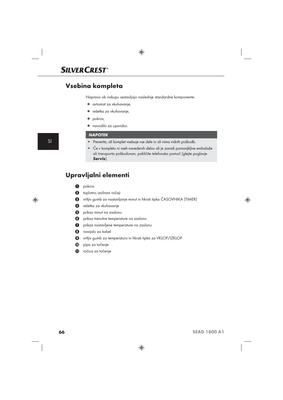 Vsebina kompleta, Upravljalni elementi | Silvercrest SEAD 1800 A1 User Manual | Page 68 / 141