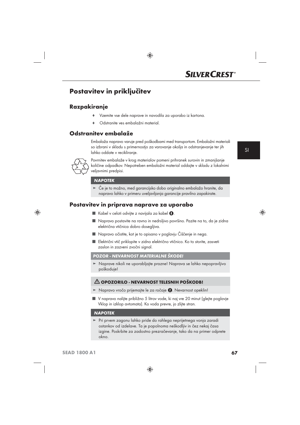 Postavitev in priključitev, Razpakiranje, Odstranitev embalaže | Postavitev in priprava naprave za uporabo | Silvercrest SEAD 1800 A1 User Manual | Page 69 / 141