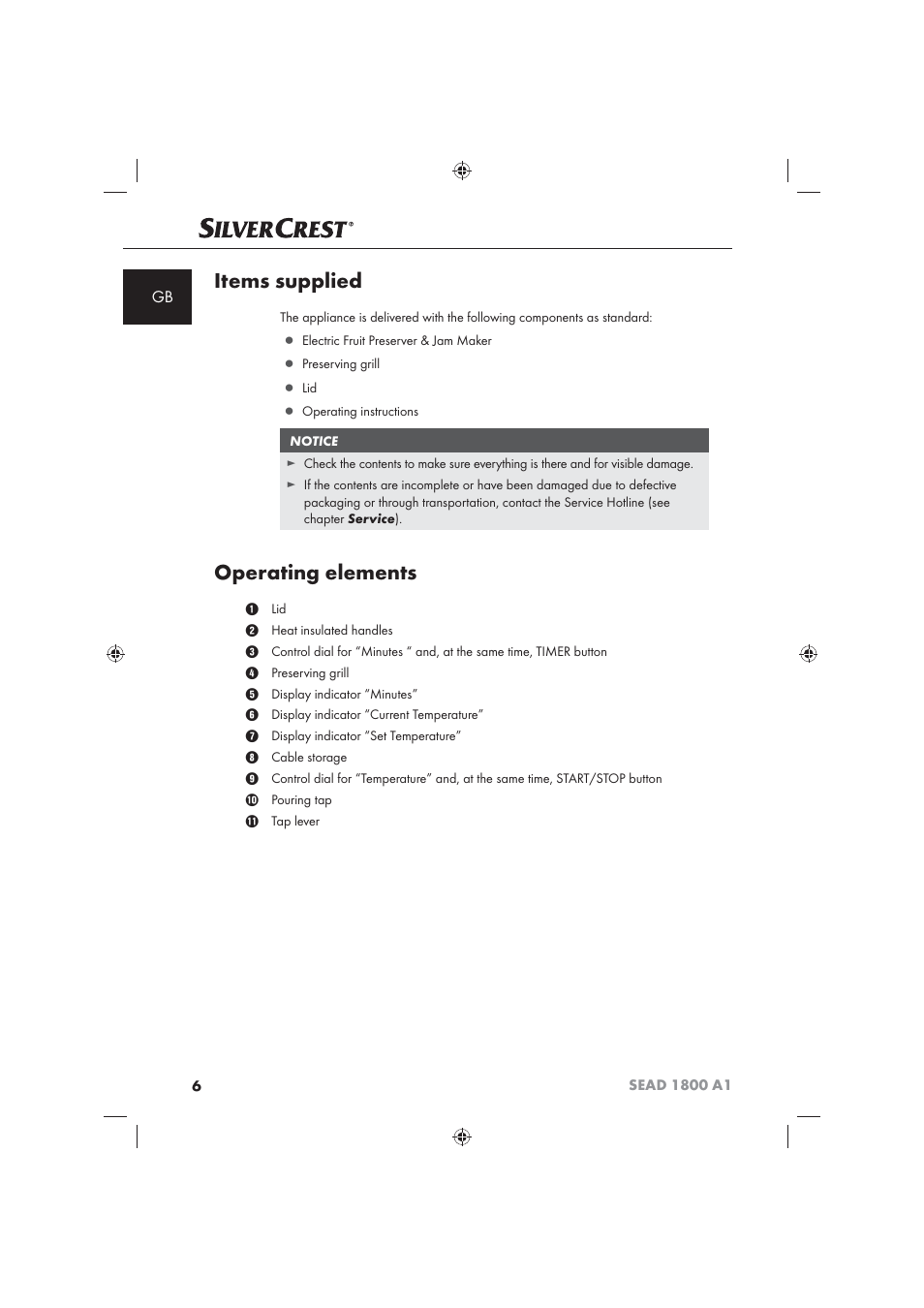 Items supplied, Operating elements | Silvercrest SEAD 1800 A1 User Manual | Page 8 / 141