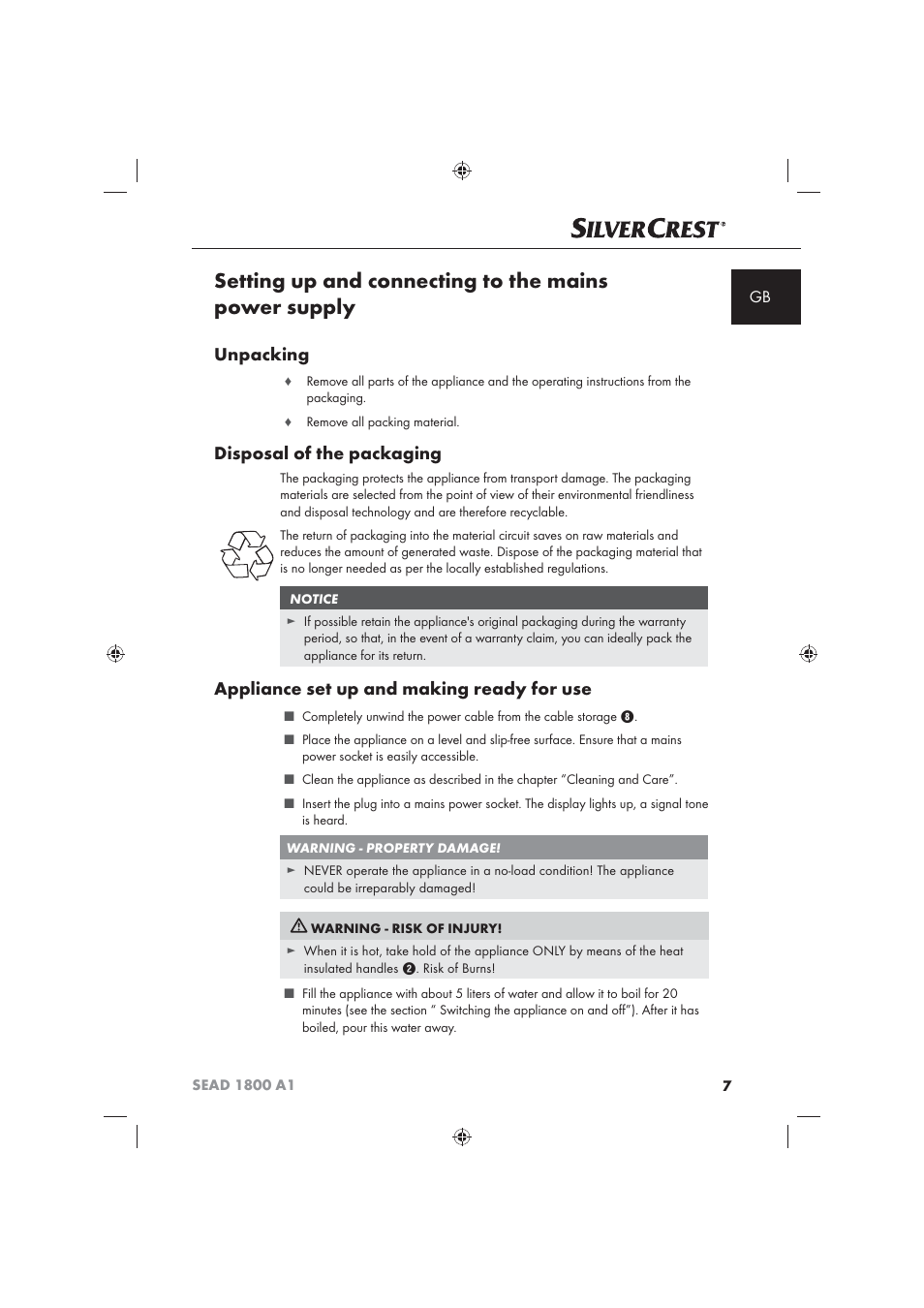 Unpacking, Disposal of the packaging, Appliance set up and making ready for use | Silvercrest SEAD 1800 A1 User Manual | Page 9 / 141