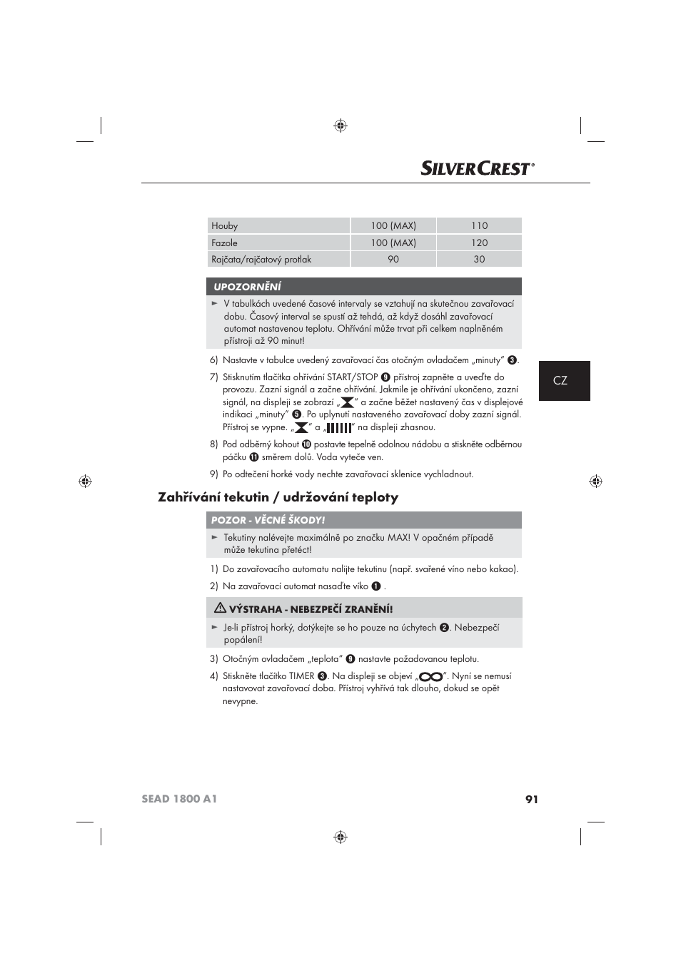 Zahřívání tekutin / udržování teploty | Silvercrest SEAD 1800 A1 User Manual | Page 93 / 141