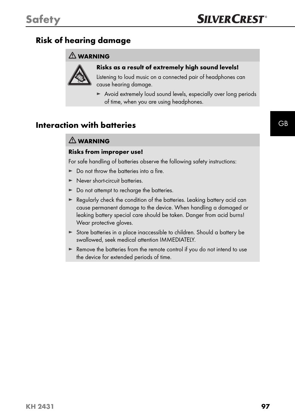 Safety, Risk of hearing damage, Interaction with batteries | Silvercrest KH 2431 User Manual | Page 100 / 124