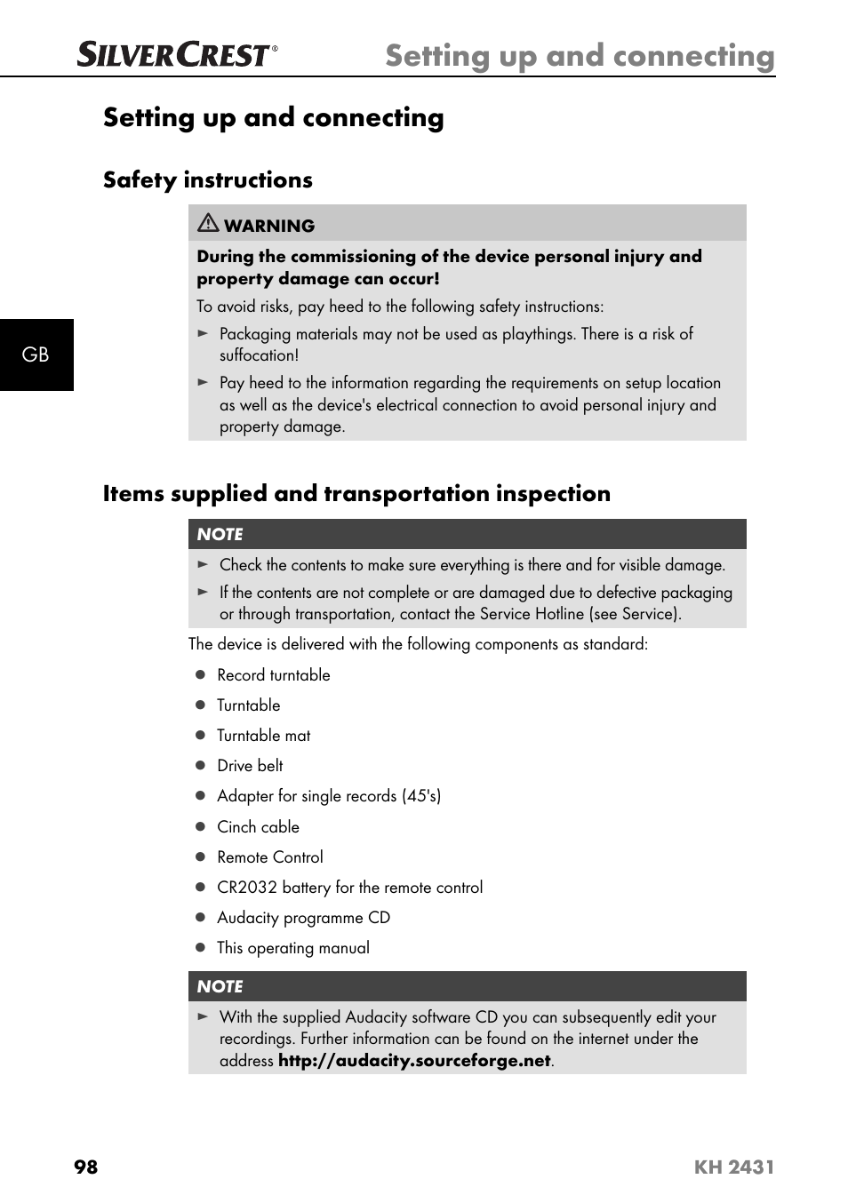 Setting up and connecting, Safety instructions, Items supplied and transportation inspection | Silvercrest KH 2431 User Manual | Page 101 / 124