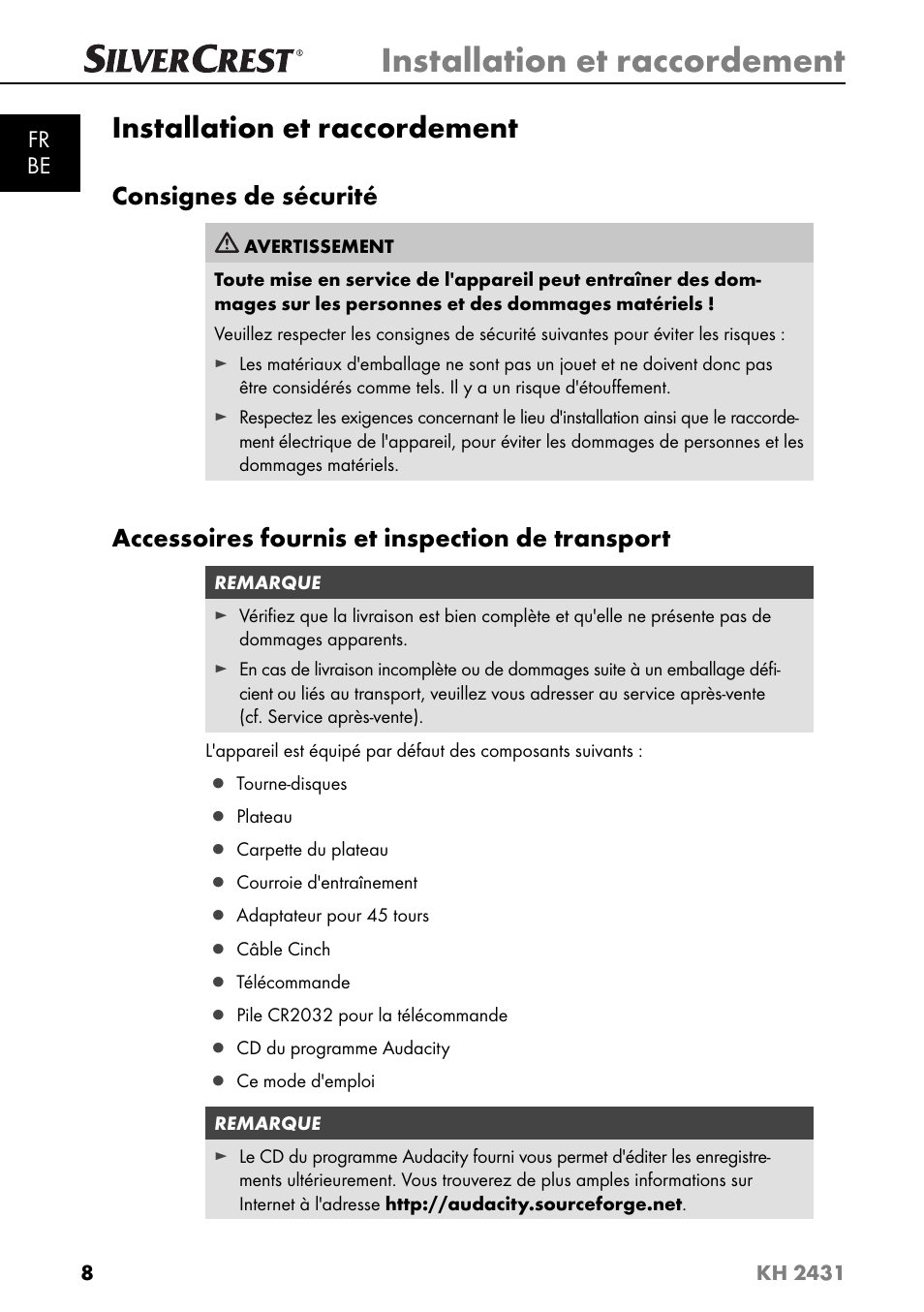 Installation et raccordement, Consignes de sécurité, Accessoires fournis et inspection de transport | Silvercrest KH 2431 User Manual | Page 11 / 124