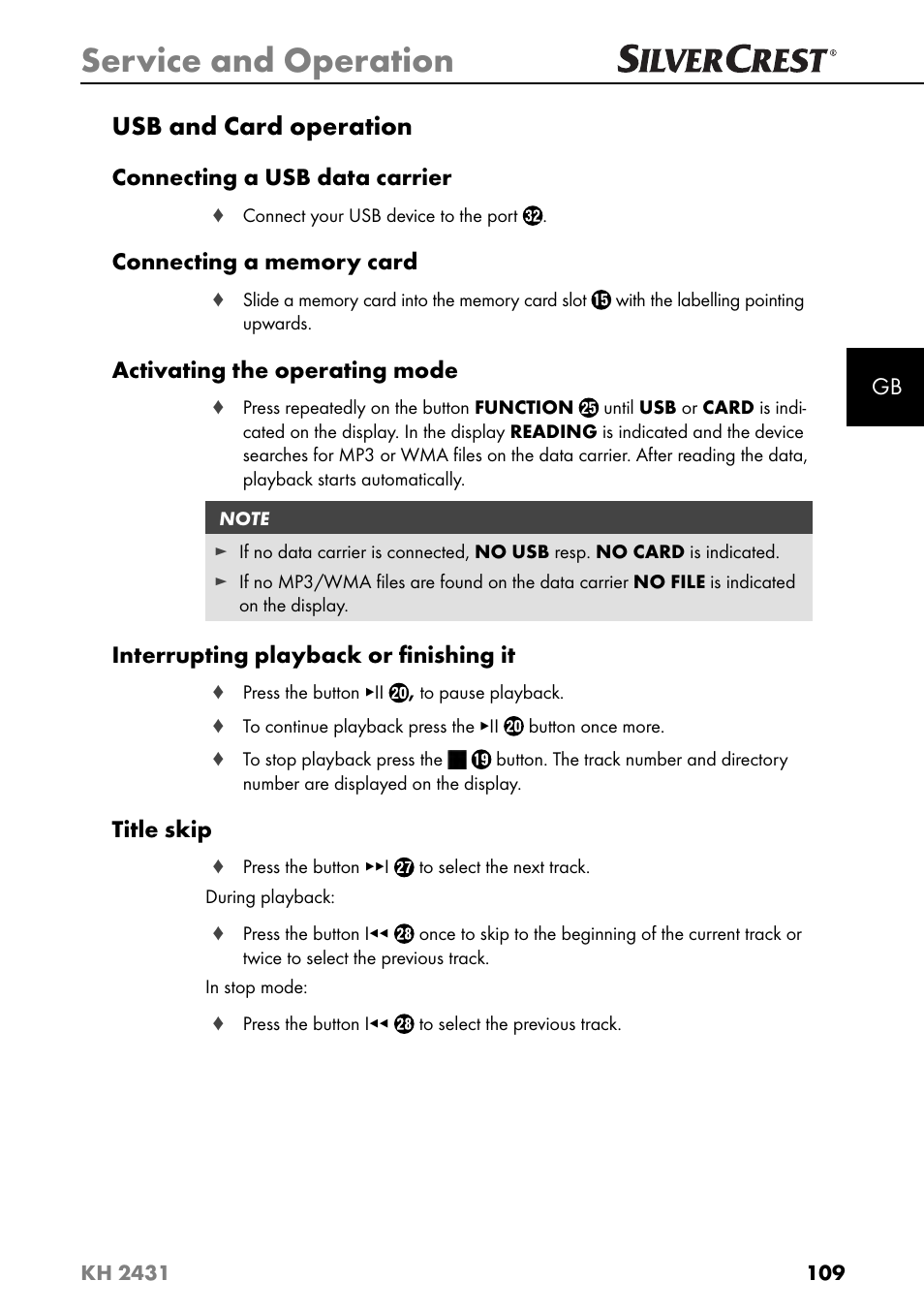 Service and operation, Usb and card operation | Silvercrest KH 2431 User Manual | Page 112 / 124