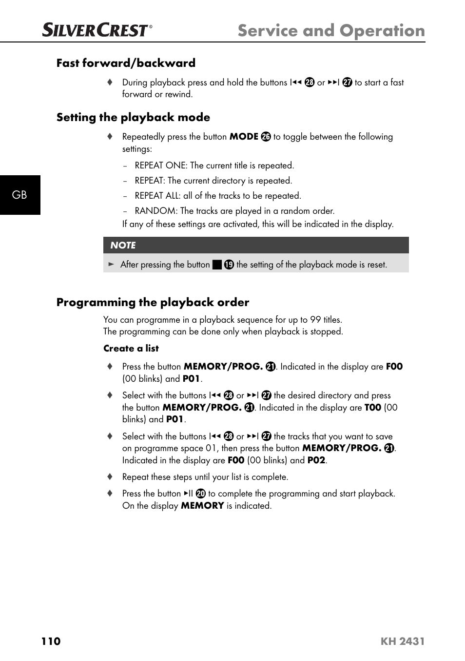 Service and operation, Gb fast forward/backward, Setting the playback mode | Programming the playback order | Silvercrest KH 2431 User Manual | Page 113 / 124