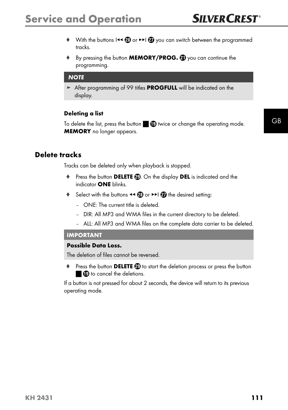 Service and operation, Delete tracks | Silvercrest KH 2431 User Manual | Page 114 / 124