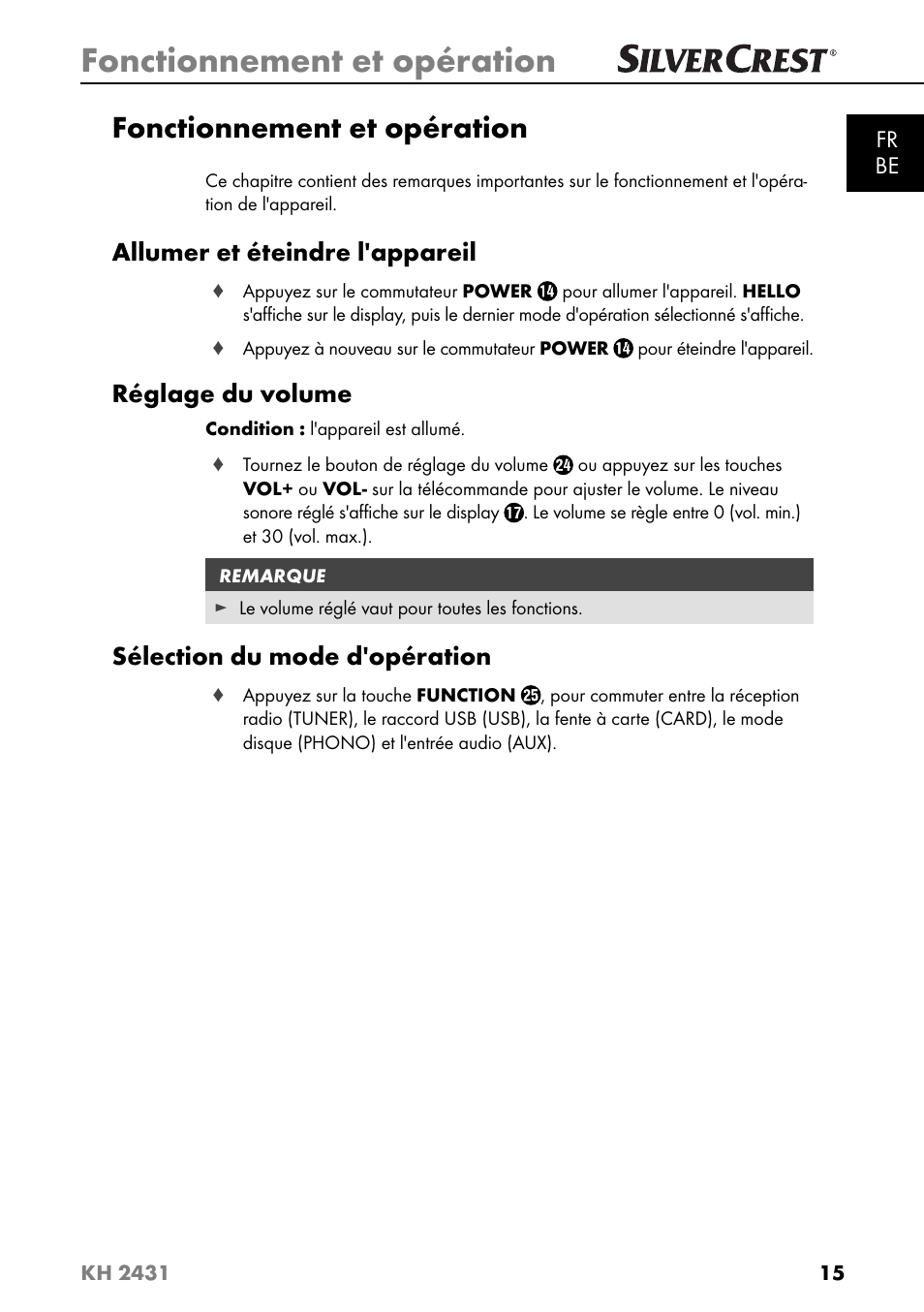 Fonctionnement et opération, Allumer et éteindre l'appareil, Réglage du volume | Sélection du mode d'opération | Silvercrest KH 2431 User Manual | Page 18 / 124