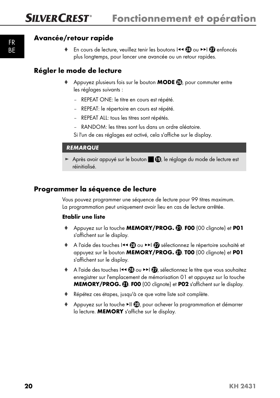Fonctionnement et opération, Fr be avancée/retour rapide, Régler le mode de lecture | Programmer la séquence de lecture | Silvercrest KH 2431 User Manual | Page 23 / 124