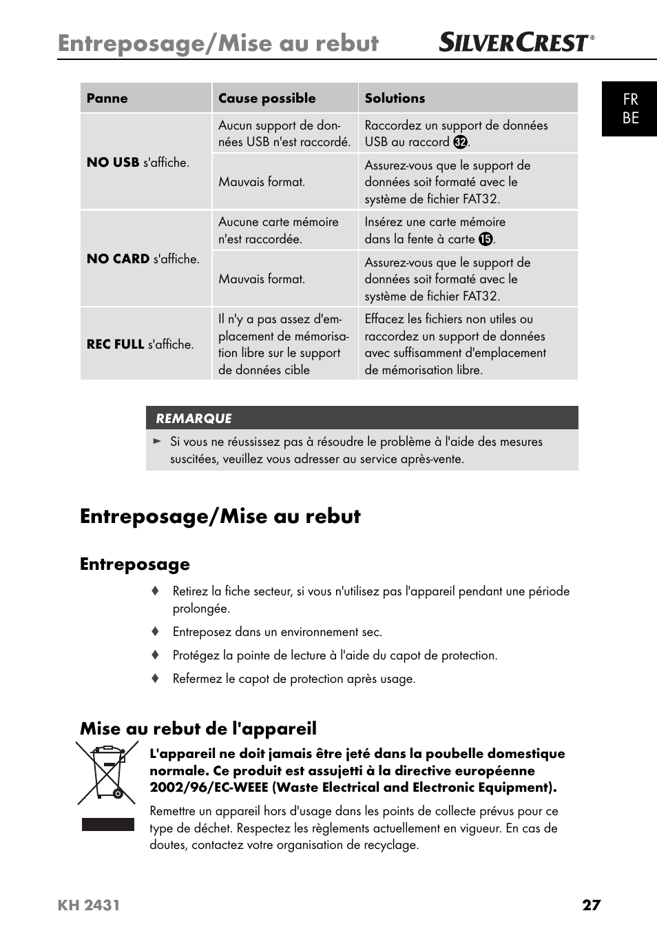 Entreposage/mise au rebut, Entreposage, Mise au rebut de l'appareil | Silvercrest KH 2431 User Manual | Page 30 / 124