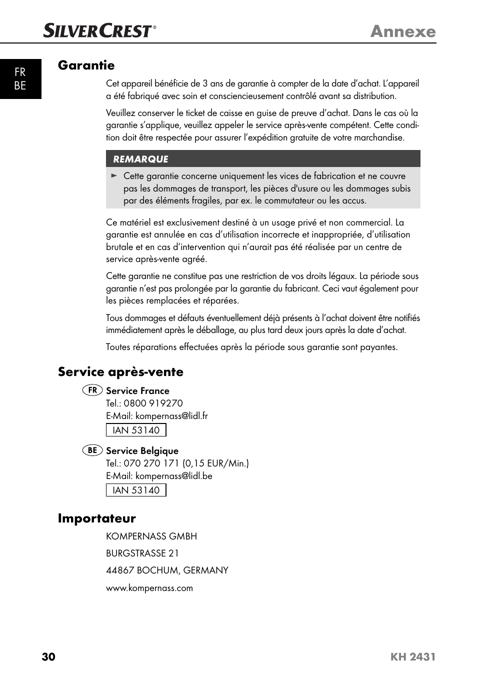 Annexe, Garantie, Service après-vente | Importateur | Silvercrest KH 2431 User Manual | Page 33 / 124