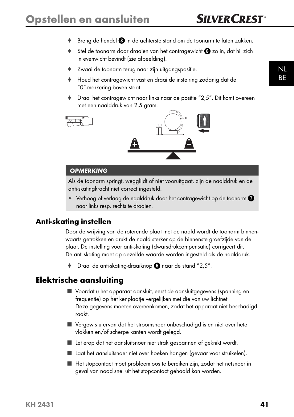 Opstellen en aansluiten, Elektrische aansluiting, Nl be | Anti-skating instellen | Silvercrest KH 2431 User Manual | Page 44 / 124