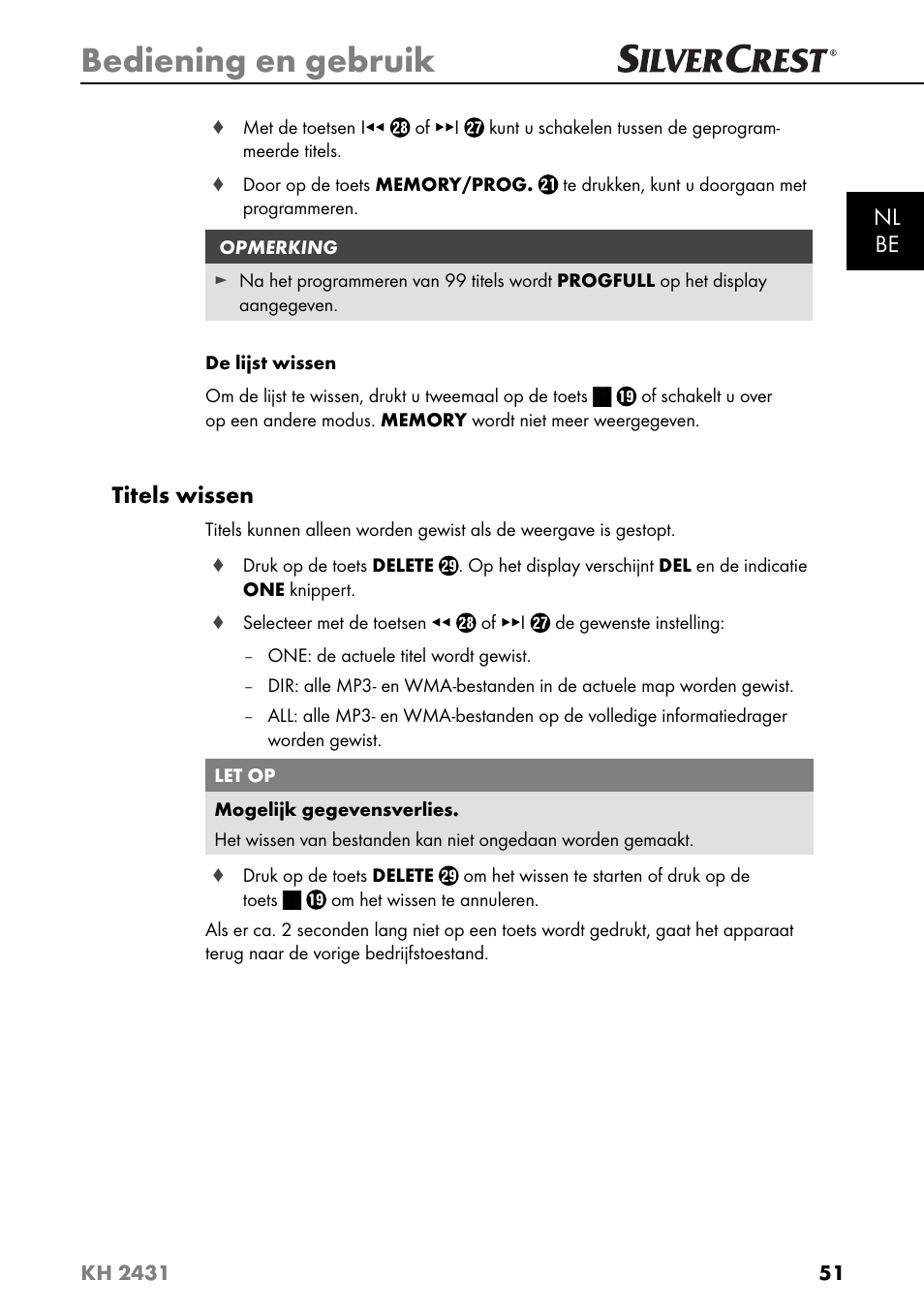 Bediening en gebruik, Nl be, Titels wissen | Silvercrest KH 2431 User Manual | Page 54 / 124