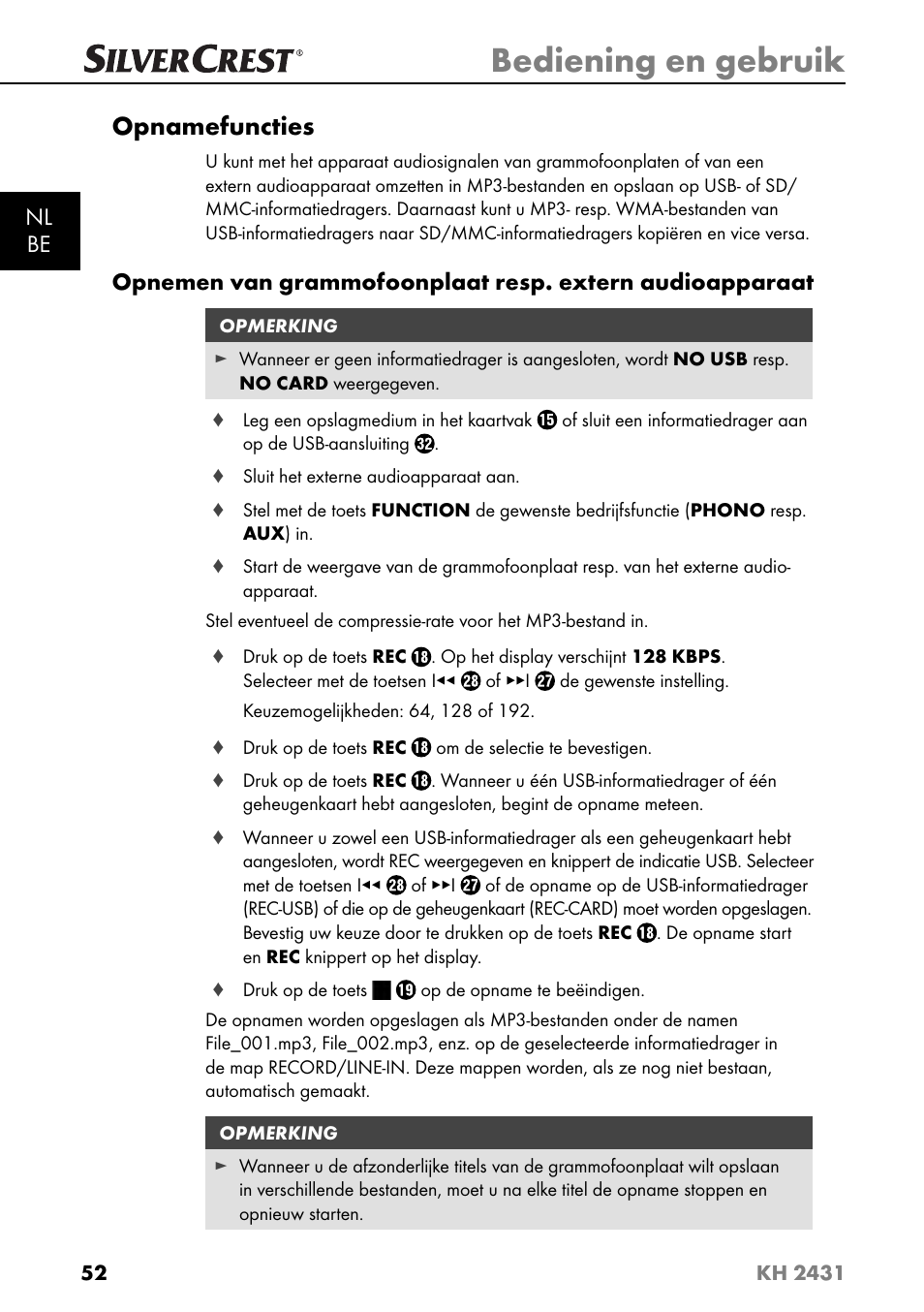 Bediening en gebruik, Opnamefuncties, Nl be | Silvercrest KH 2431 User Manual | Page 55 / 124