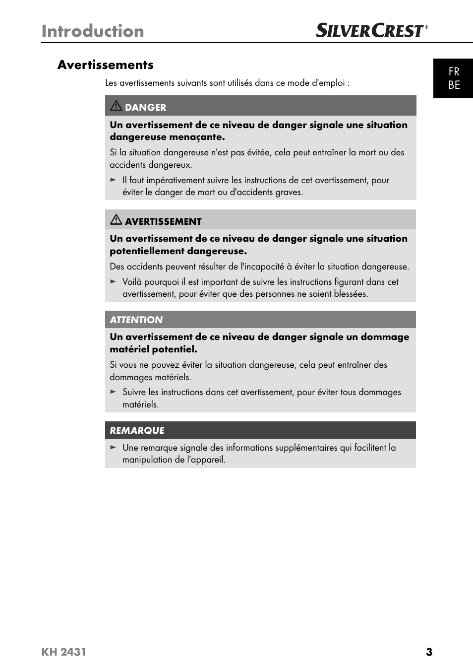 Introduction, Avertissements | Silvercrest KH 2431 User Manual | Page 6 / 124