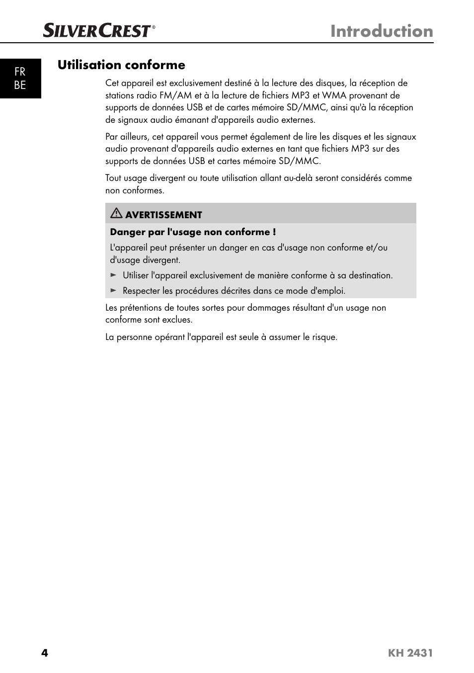Introduction, Utilisation conforme | Silvercrest KH 2431 User Manual | Page 7 / 124